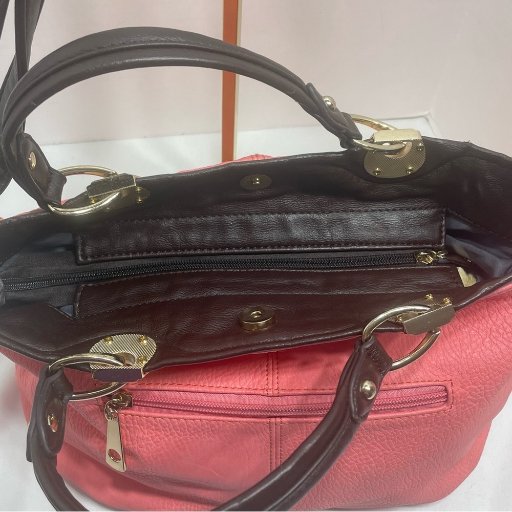 WOMENS TOTE SATCHEL HANDBAG coral FAUX LEATHER DOUBLE STRAPS. Pre-owned. Flaws - Picture 5 of 16